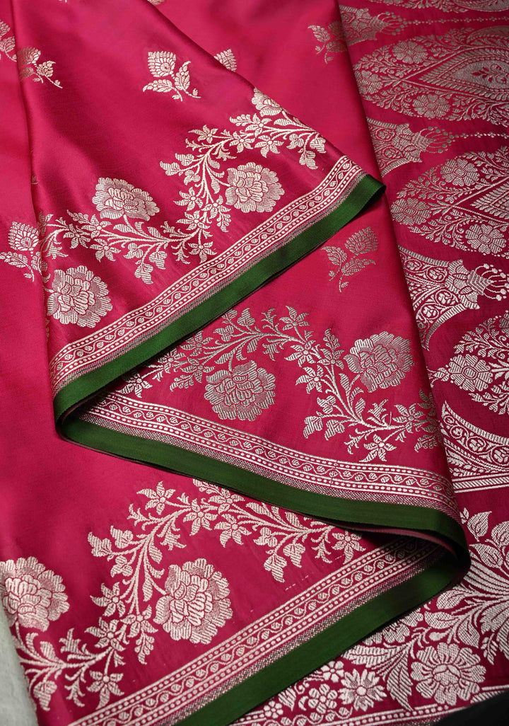Dark Pink Banarasi Semi Mashru Silk Saree with Silver Zari Buttas and Floral Zari Border