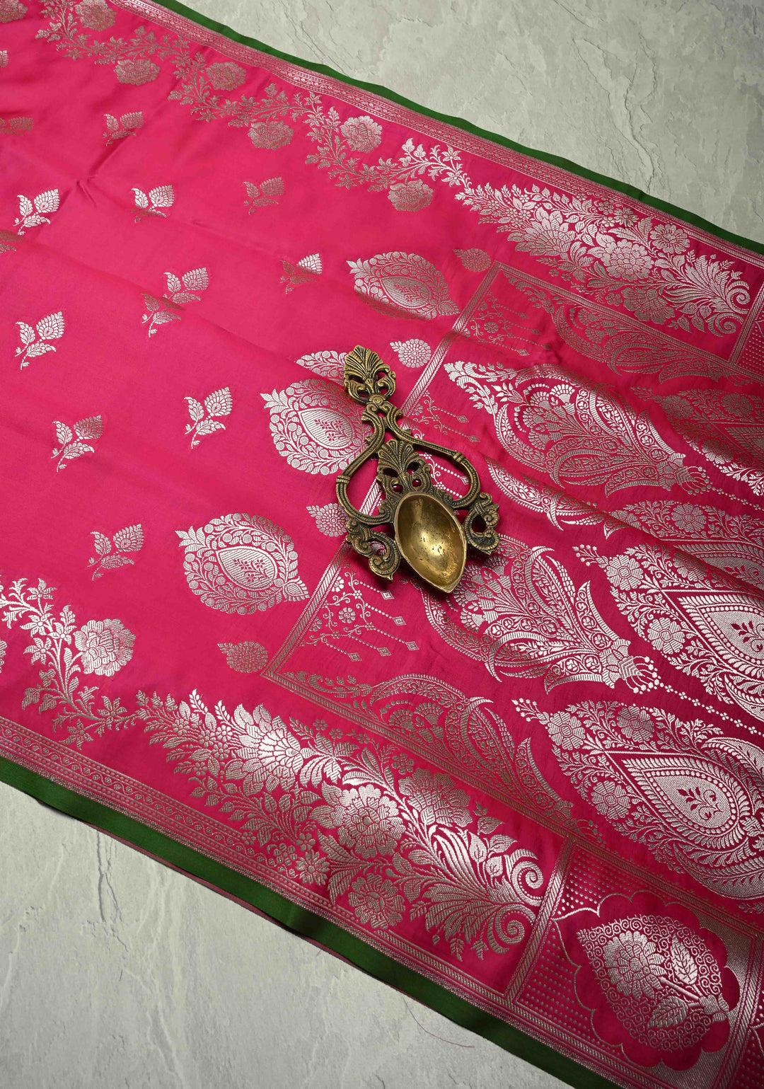 Dark Pink Banarasi Semi Mashru Silk Saree with Silver Zari Buttas and Floral Zari Border
