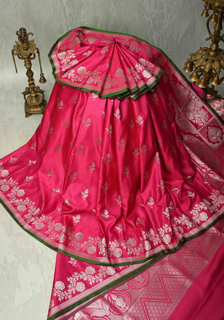 Dark Pink Banarasi Semi Mashru Silk Saree with Silver Zari Buttas and Floral Zari Border