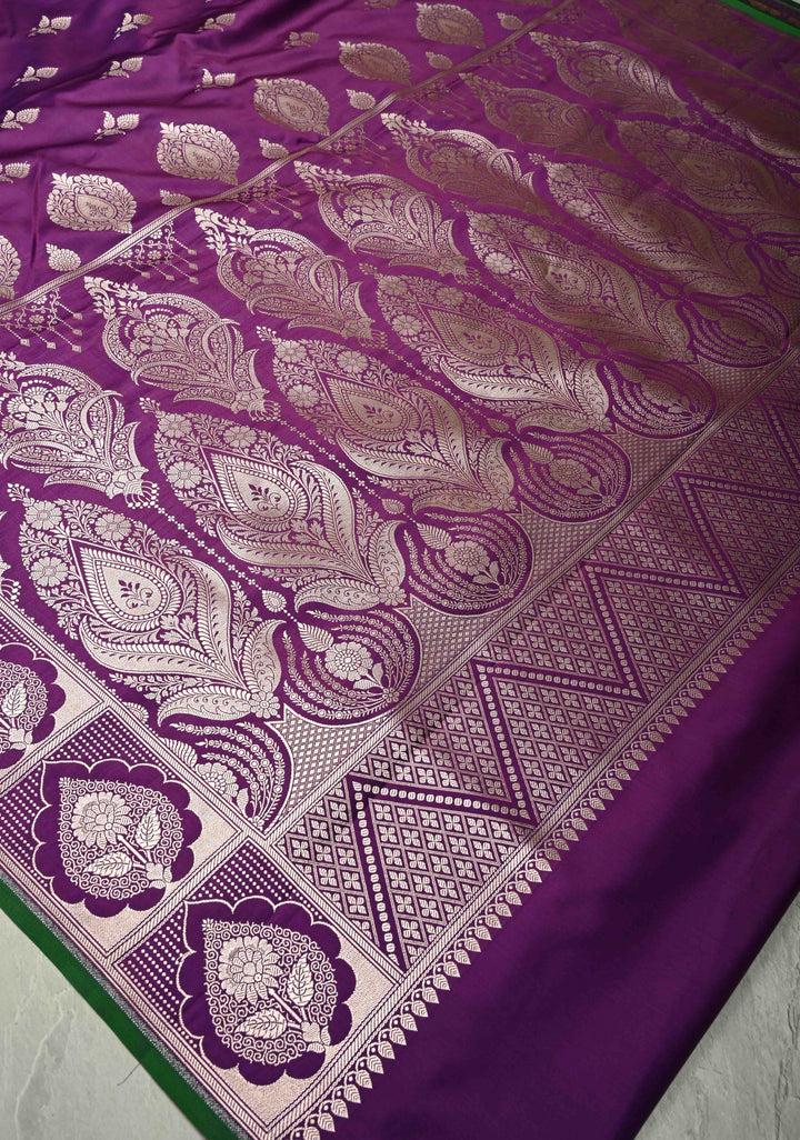 Jamuni Purple Banarasi Semi Mashru Silk Saree with Zari Buttas and Floral Zari Border