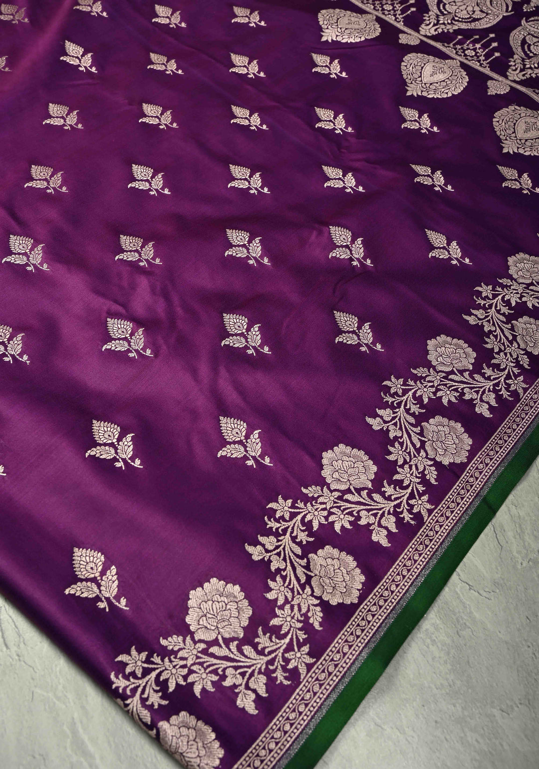 Jamuni Purple Banarasi Semi Mashru Silk Saree with Zari Buttas and Floral Zari Border