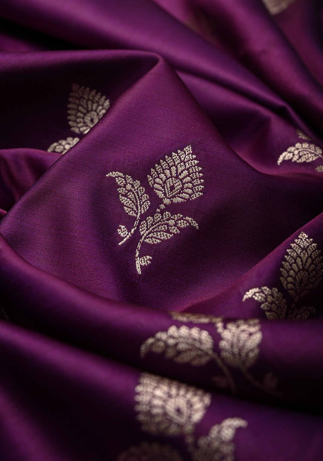 Jamuni Purple Banarasi Semi Mashru Silk Saree with Zari Buttas and Floral Zari Border