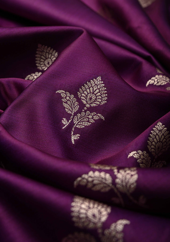 Jamuni Purple Banarasi Semi Mashru Silk Saree with Zari Buttas and Floral Zari Border