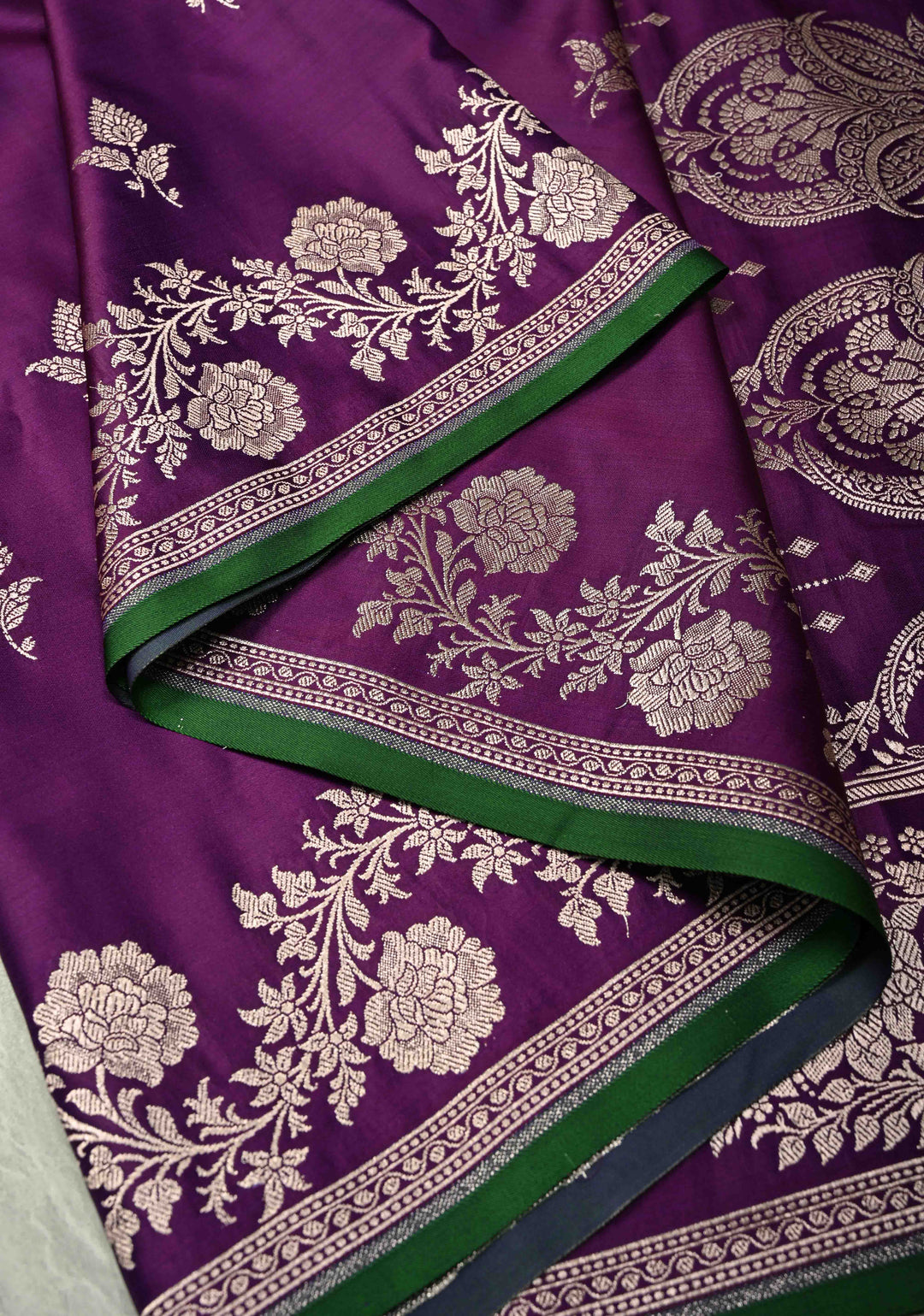 Jamuni Purple Banarasi Semi Mashru Silk Saree with Zari Buttas and Floral Zari Border