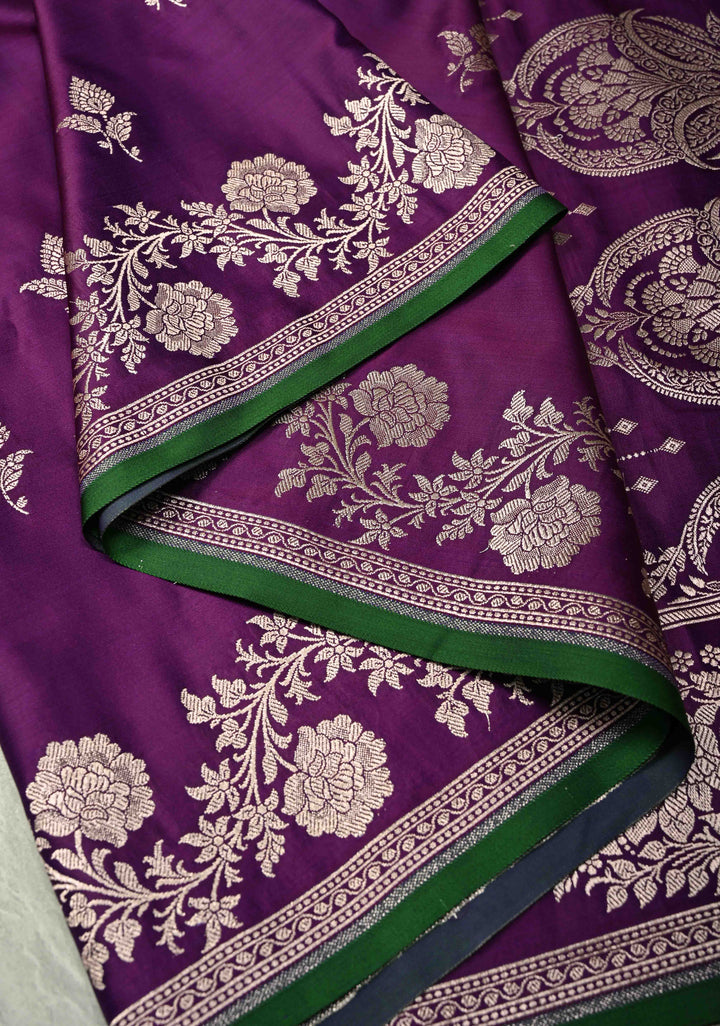 Jamuni Purple Banarasi Semi Mashru Silk Saree with Zari Buttas and Floral Zari Border
