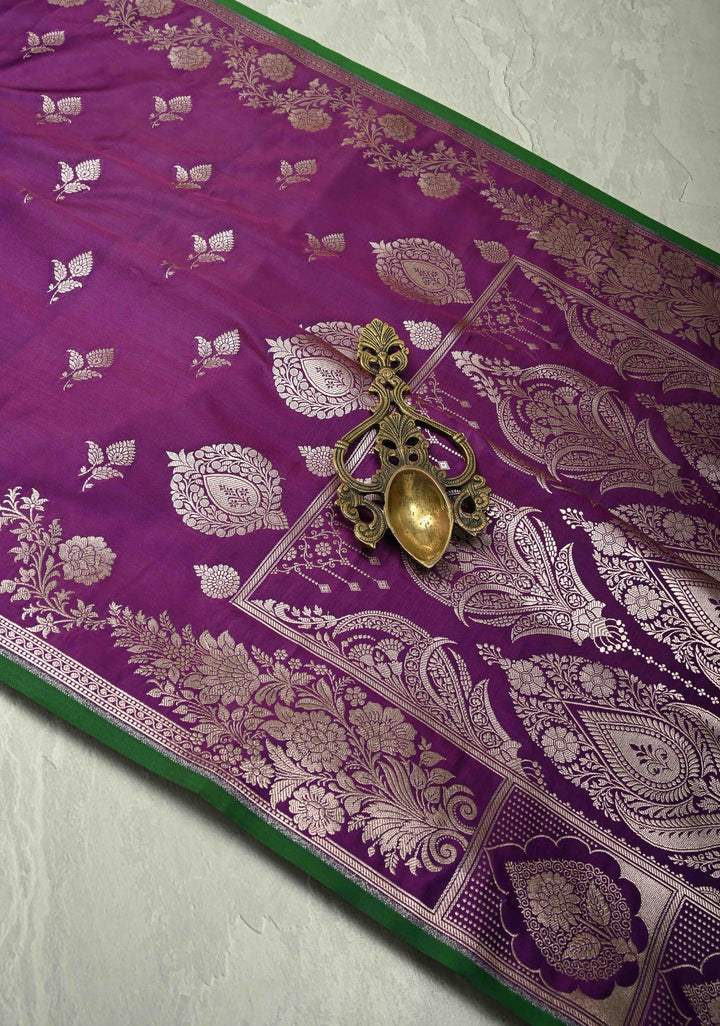Jamuni Purple Banarasi Semi Mashru Silk Saree with Zari Buttas and Floral Zari Border