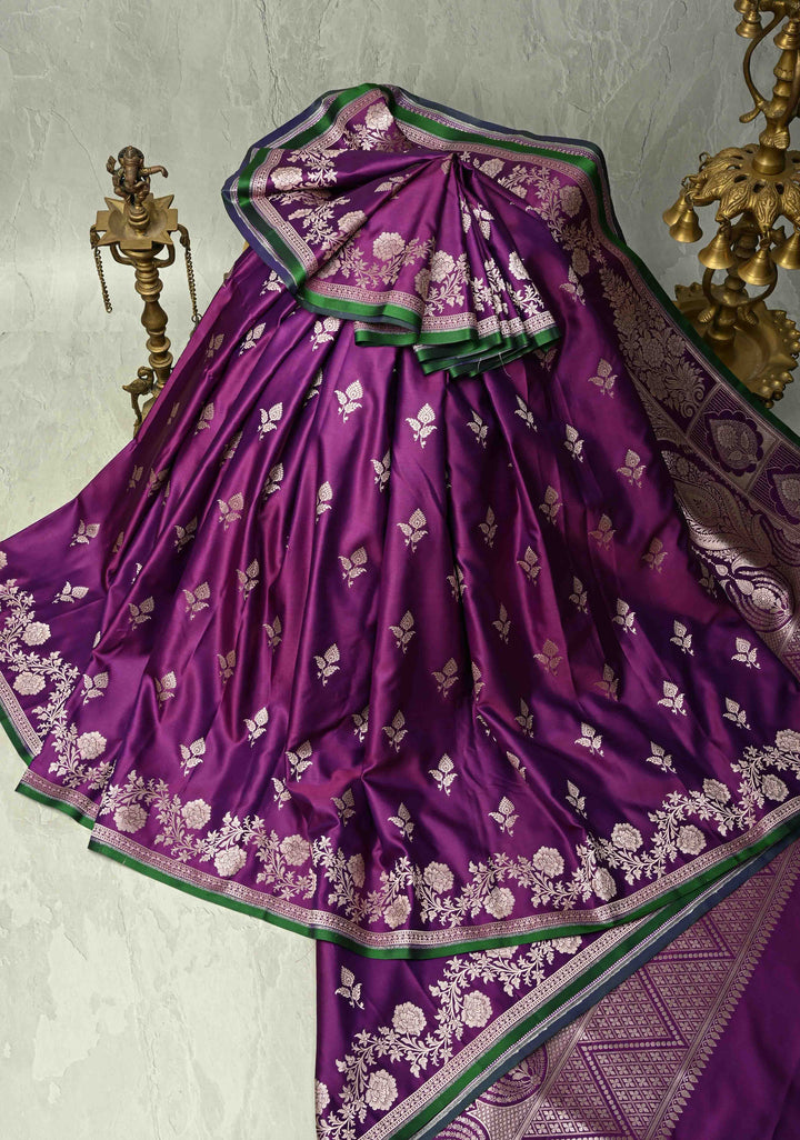 Jamuni Purple Banarasi Semi Mashru Silk Saree with Zari Buttas and Floral Zari Border