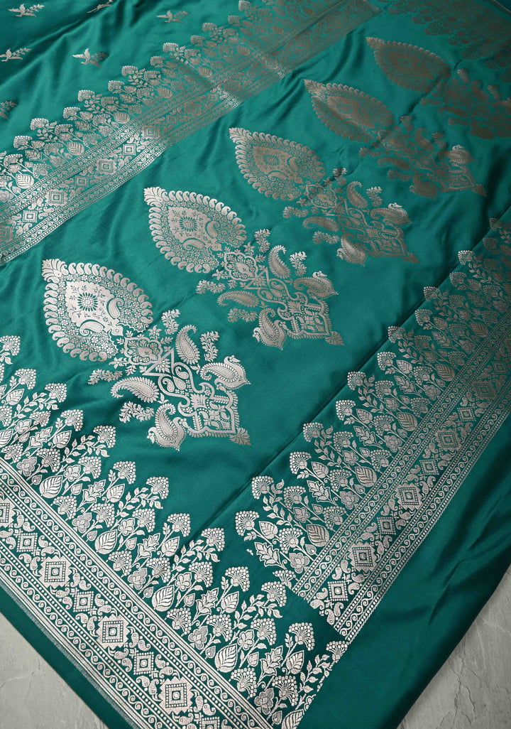 Green Banarasi Semi Mashru Silk Saree with Zari Buttas and Floral Zari Border