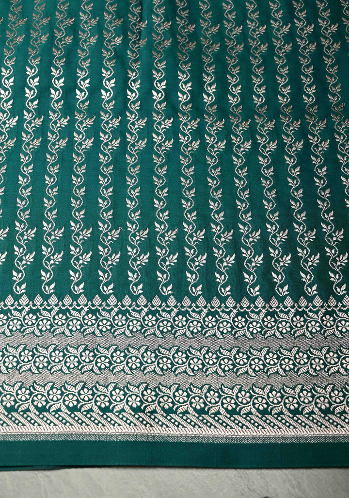 Green Banarasi Semi Mashru Silk Saree with Zari Buttas and Floral Zari Border