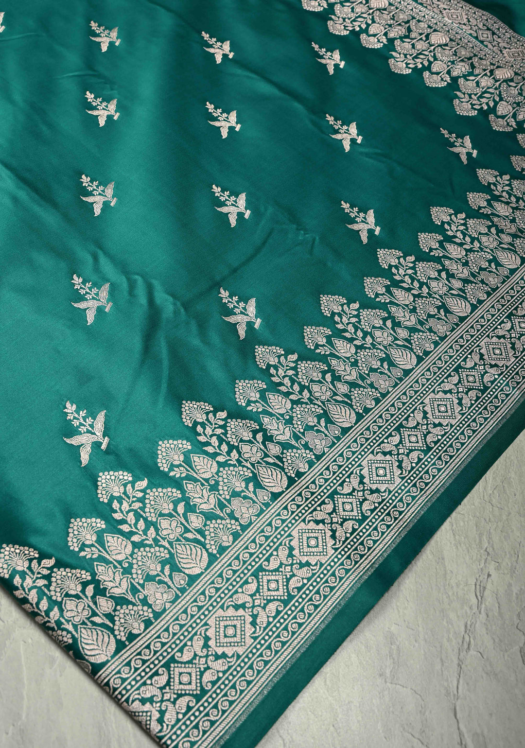 Green Banarasi Semi Mashru Silk Saree with Zari Buttas and Floral Zari Border