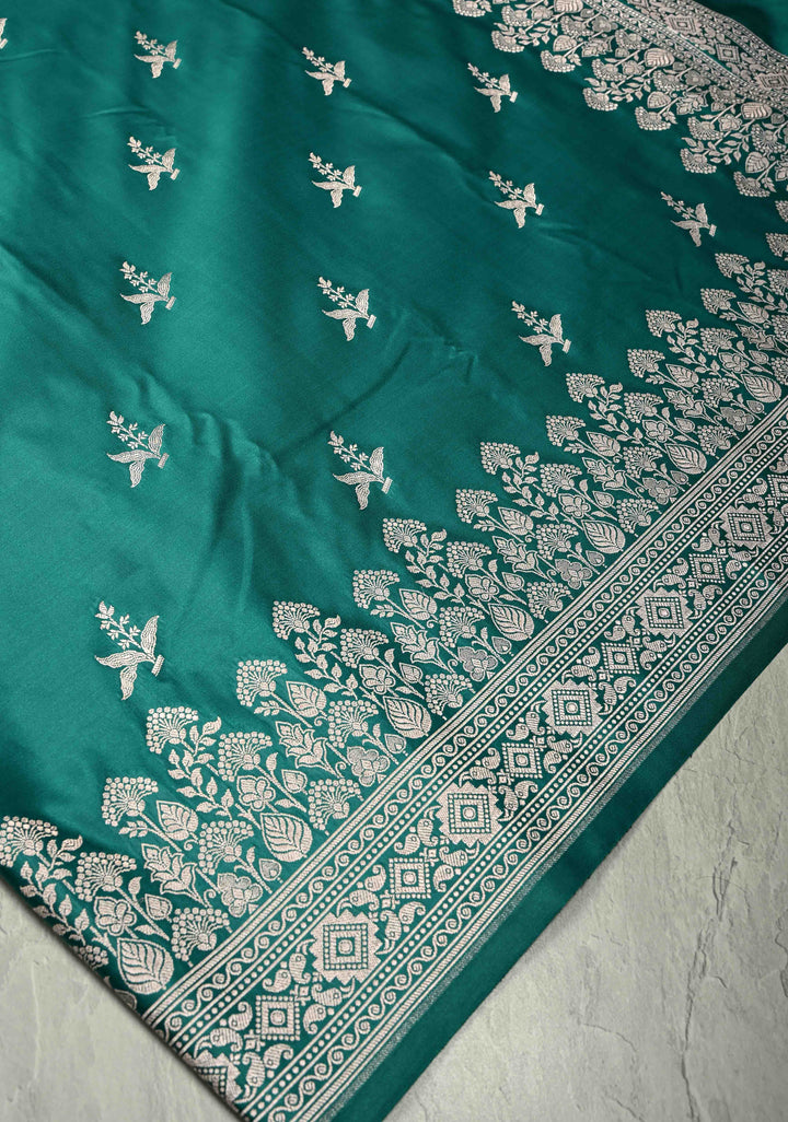 Green Banarasi Semi Mashru Silk Saree with Zari Buttas and Floral Zari Border