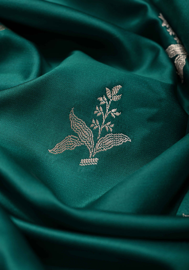 Green Banarasi Semi Mashru Silk Saree with Zari Buttas and Floral Zari Border