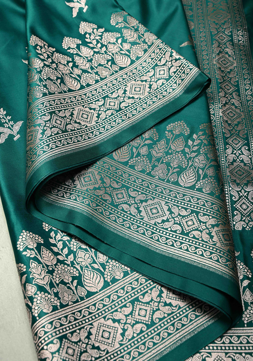 Green Banarasi Semi Mashru Silk Saree with Zari Buttas and Floral Zari Border