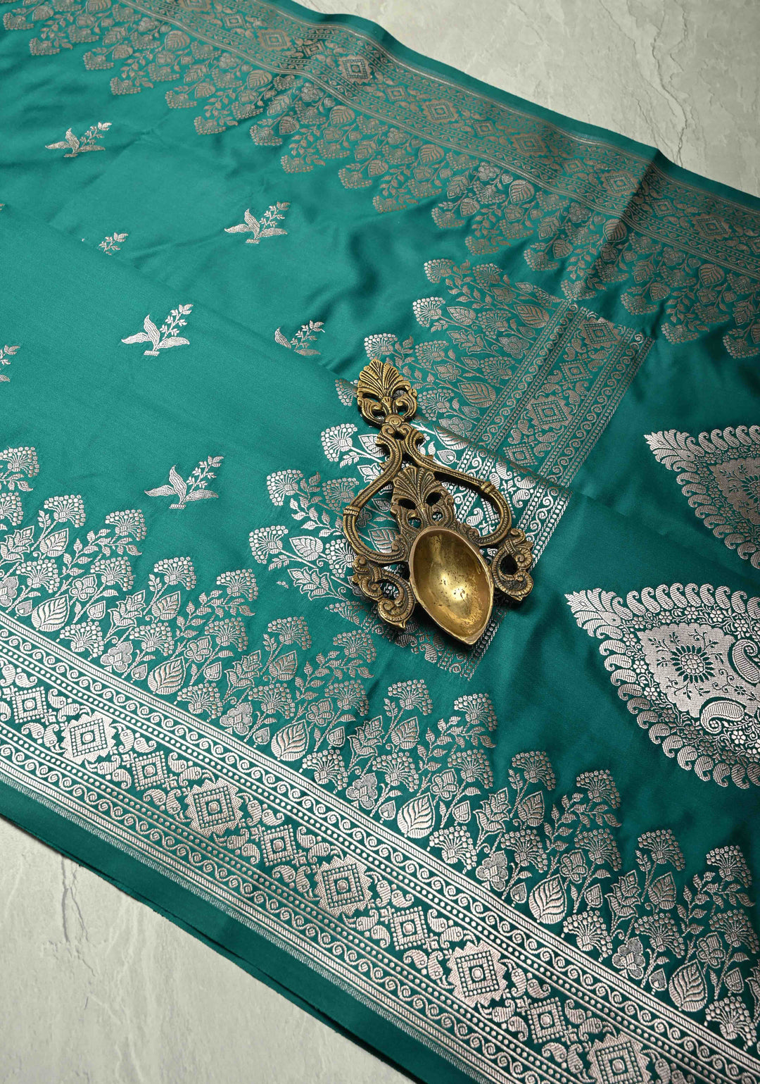 Green Banarasi Semi Mashru Silk Saree with Zari Buttas and Floral Zari Border