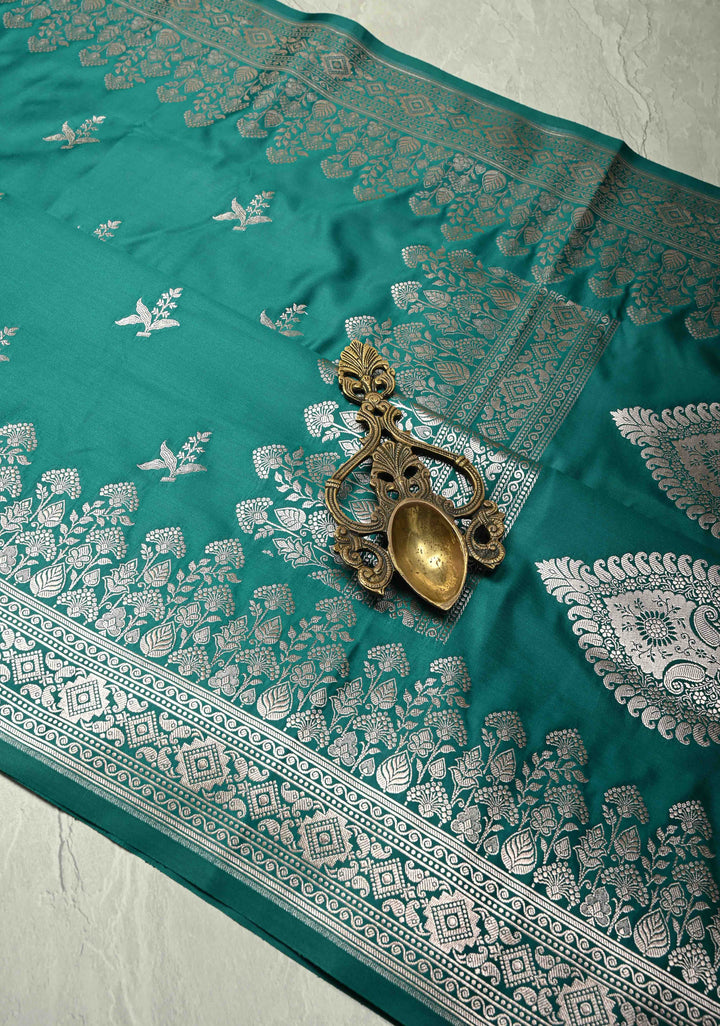 Green Banarasi Semi Mashru Silk Saree with Zari Buttas and Floral Zari Border