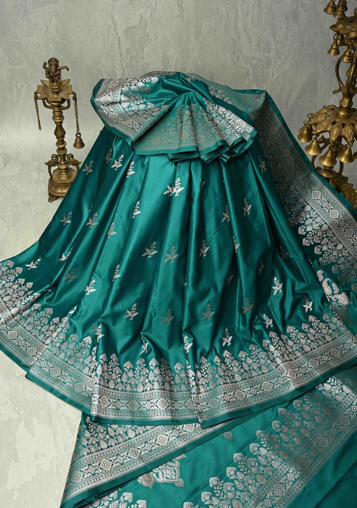 Green Banarasi Semi Mashru Silk Saree with Zari Buttas and Floral Zari Border