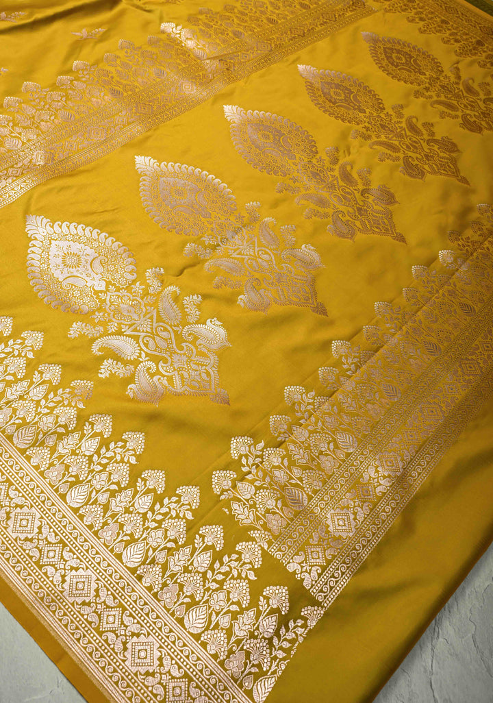 Musturd Yellow Banarasi Semi Mashru Silk Saree with Floral Silver Zari Buttas and Zari Border