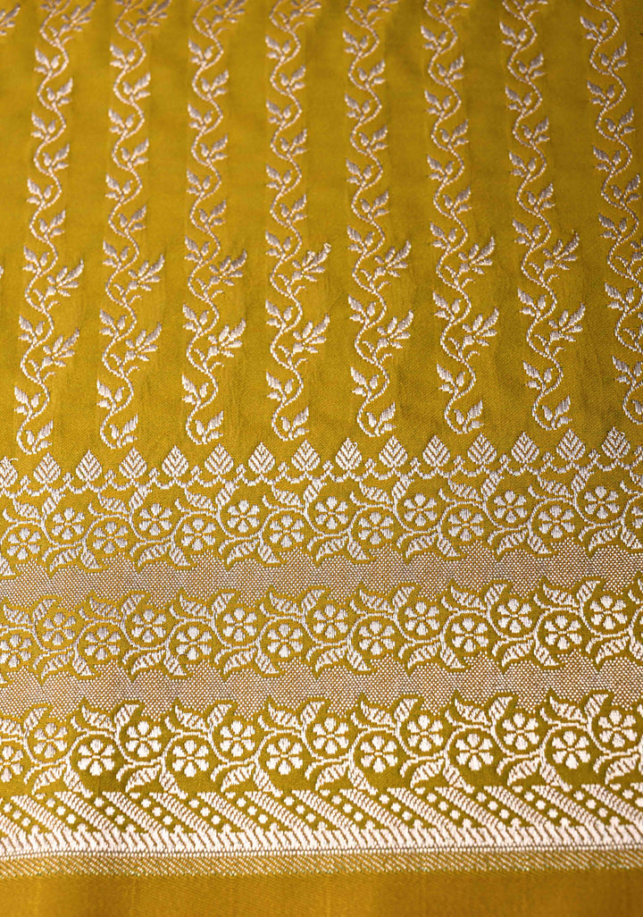 Musturd Yellow Banarasi Semi Mashru Silk Saree with Floral Silver Zari Buttas and Zari Border