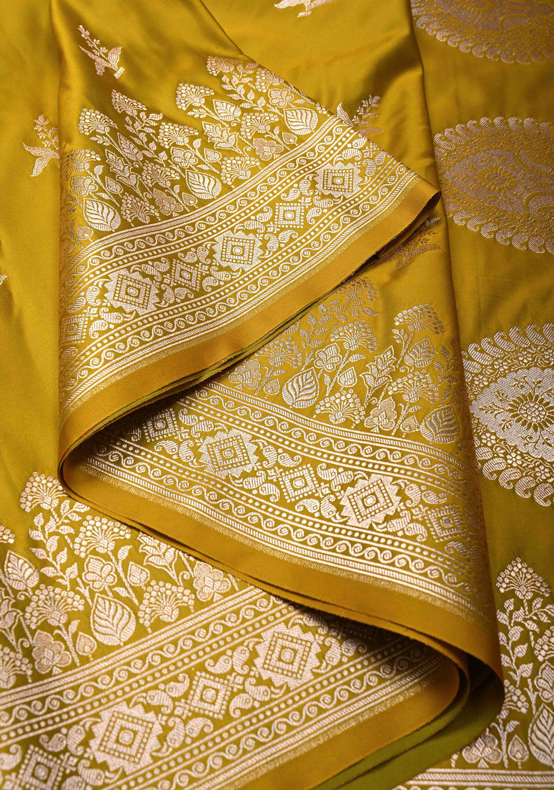 Musturd Yellow Banarasi Semi Mashru Silk Saree with Floral Silver Zari Buttas and Zari Border