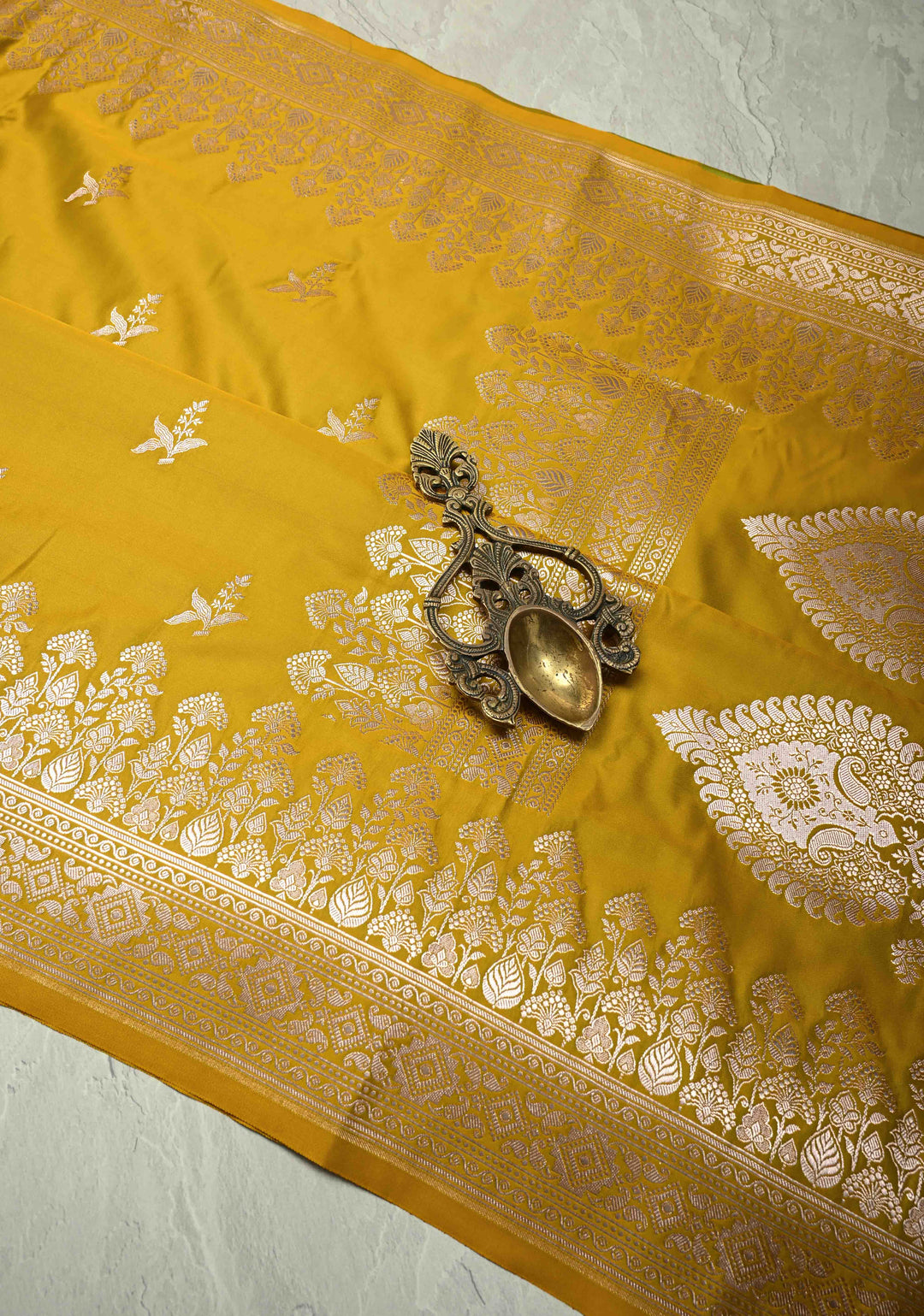 Musturd Yellow Banarasi Semi Mashru Silk Saree with Floral Silver Zari Buttas and Zari Border