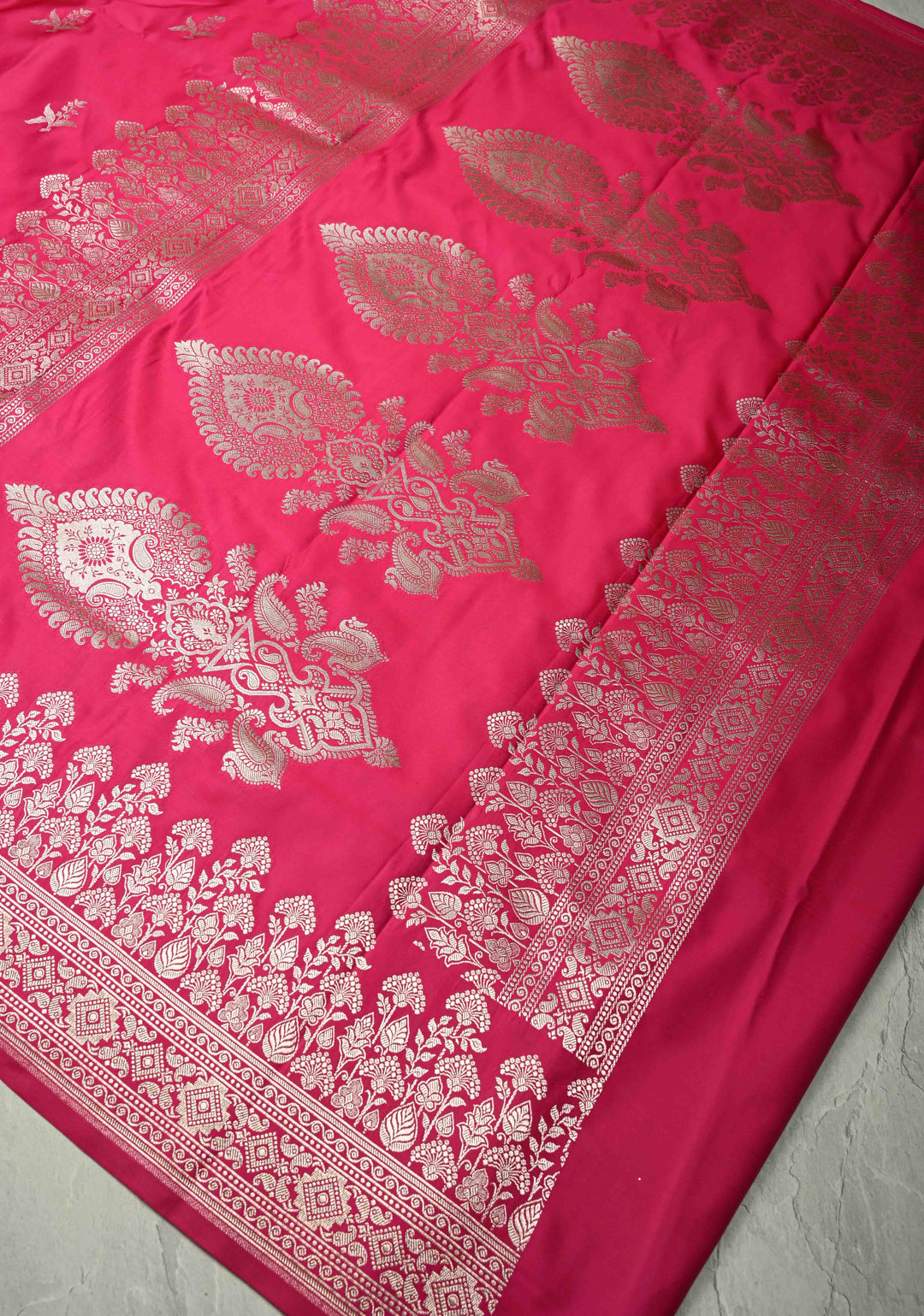 Rani Pink Banarasi Semi Mashru Silk Saree with Floral Silver Zari Buttas and Zari Border