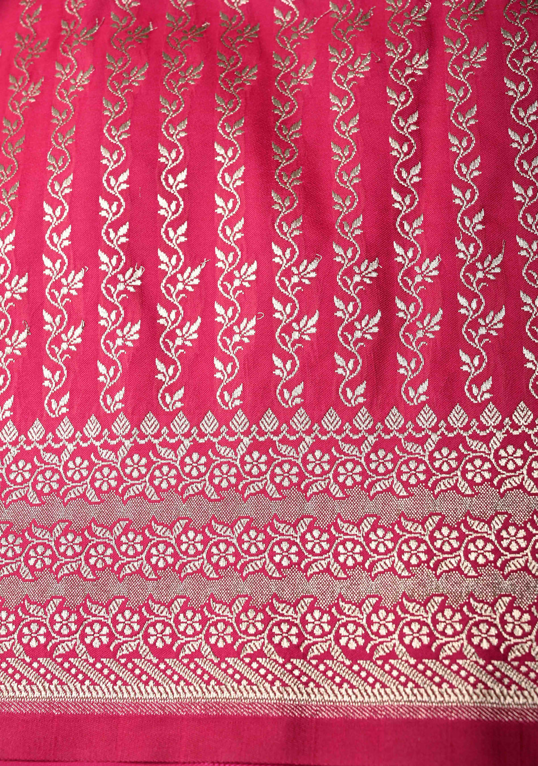 Rani Pink Banarasi Semi Mashru Silk Saree with Floral Silver Zari Buttas and Zari Border