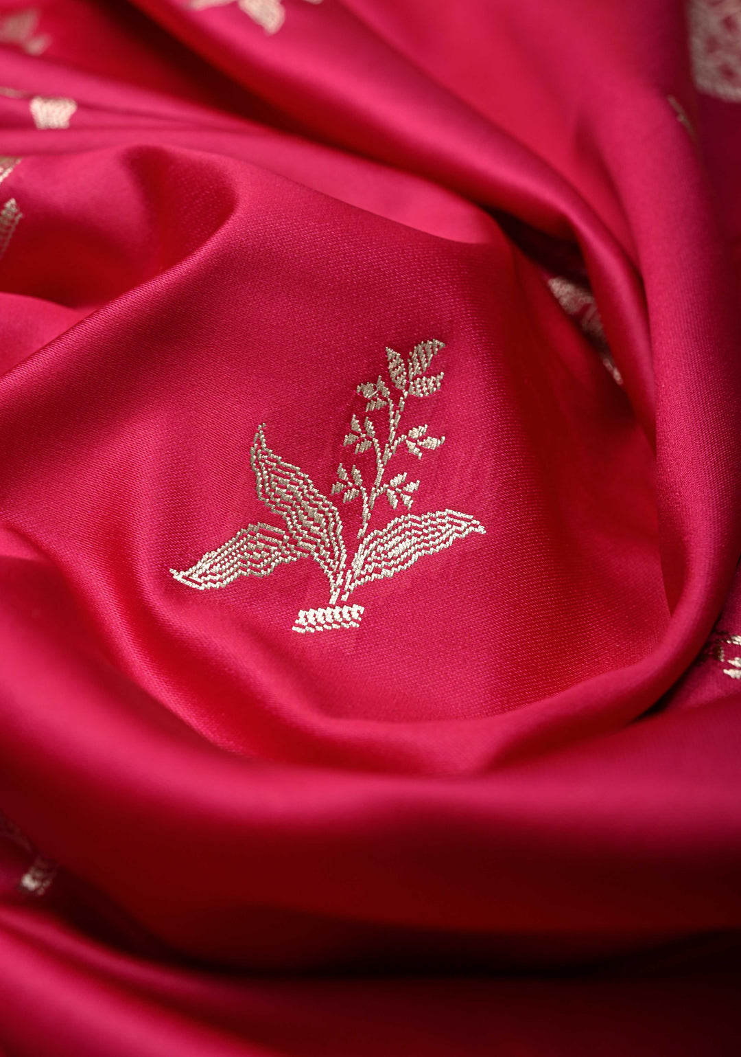 Rani Pink Banarasi Semi Mashru Silk Saree with Floral Silver Zari Buttas and Zari Border