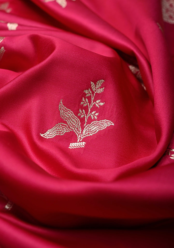 Rani Pink Banarasi Semi Mashru Silk Saree with Floral Silver Zari Buttas and Zari Border