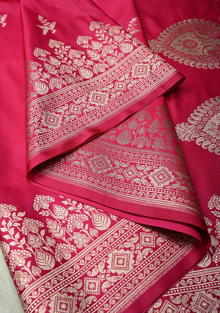 Rani Pink Banarasi Semi Mashru Silk Saree with Floral Silver Zari Buttas and Zari Border