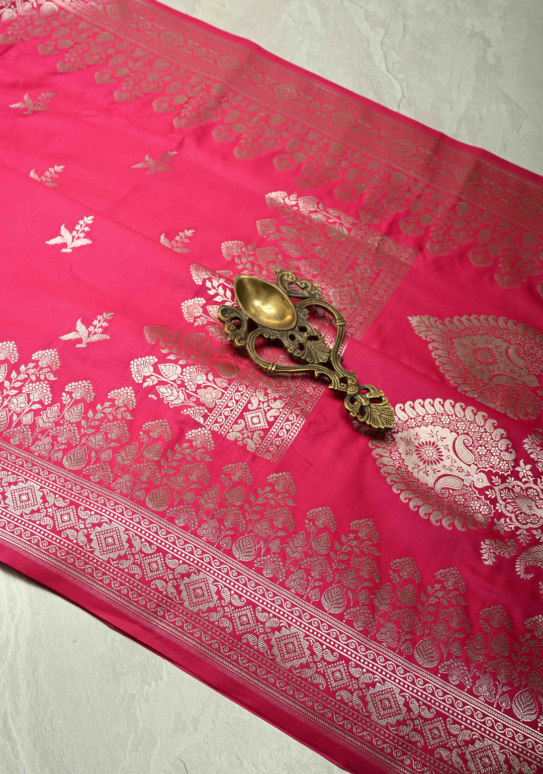 Rani Pink Banarasi Semi Mashru Silk Saree with Floral Silver Zari Buttas and Zari Border