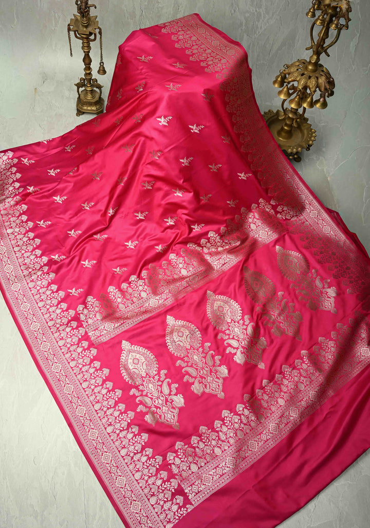 Rani Pink Banarasi Semi Mashru Silk Saree with Floral Silver Zari Buttas and Zari Border