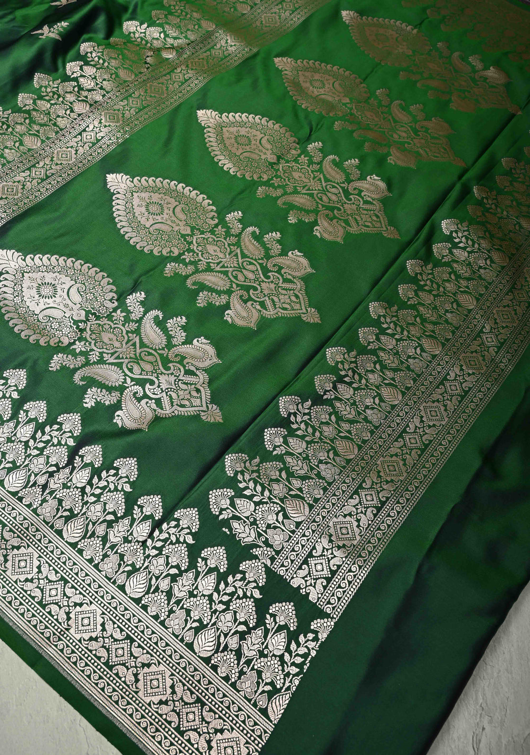 Deep Green Banarasi Semi Mashru Silk Saree with Floral Silver Zari Buttas and Zari Border