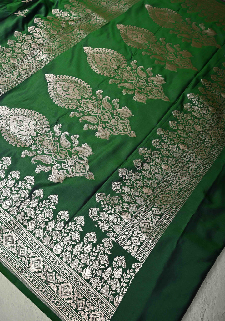 Deep Green Banarasi Semi Mashru Silk Saree with Floral Silver Zari Buttas and Zari Border