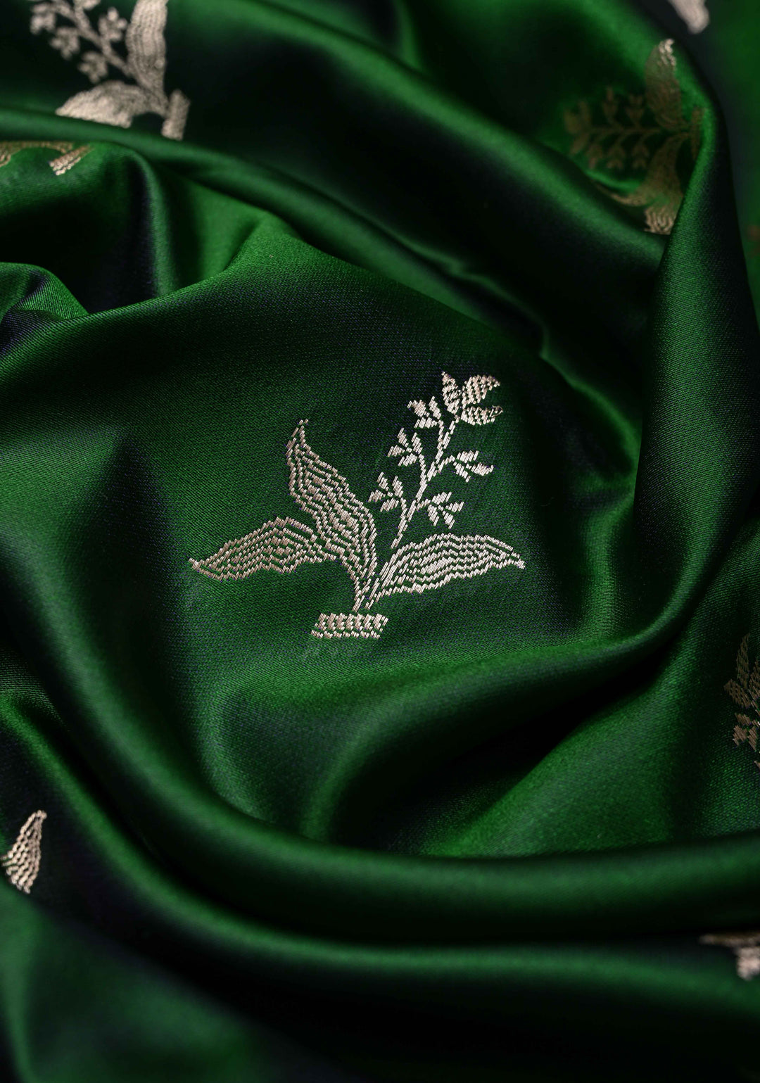 Deep Green Banarasi Semi Mashru Silk Saree with Floral Silver Zari Buttas and Zari Border