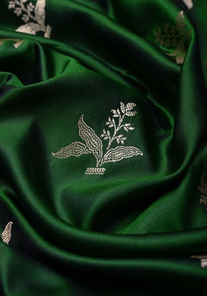 Deep Green Banarasi Semi Mashru Silk Saree with Floral Silver Zari Buttas and Zari Border