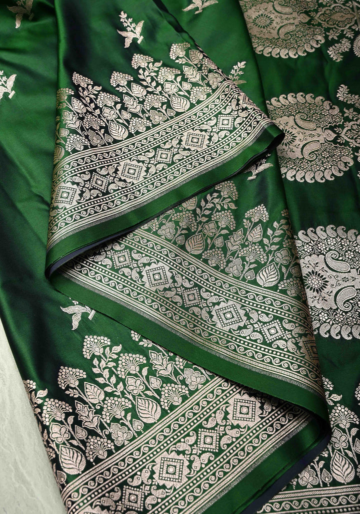 Deep Green Banarasi Semi Mashru Silk Saree with Floral Silver Zari Buttas and Zari Border