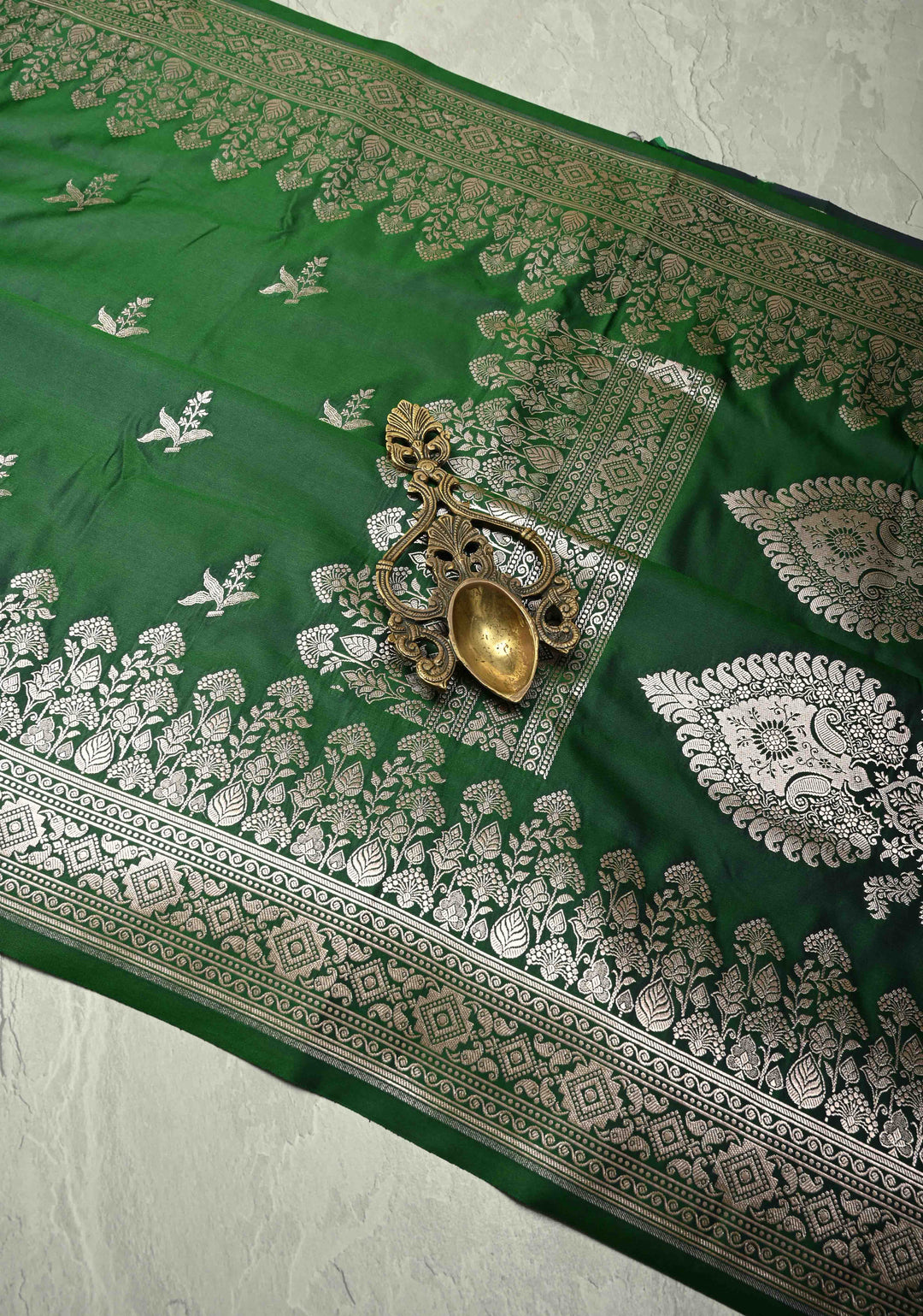 Deep Green Banarasi Semi Mashru Silk Saree with Floral Silver Zari Buttas and Zari Border