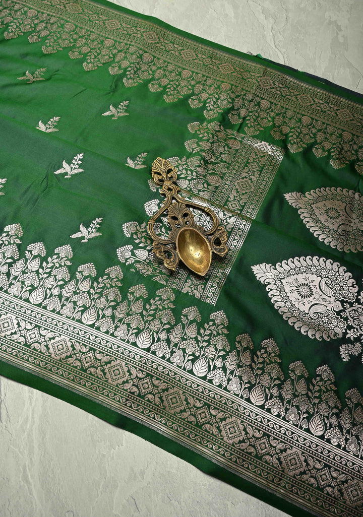 Deep Green Banarasi Semi Mashru Silk Saree with Floral Silver Zari Buttas and Zari Border
