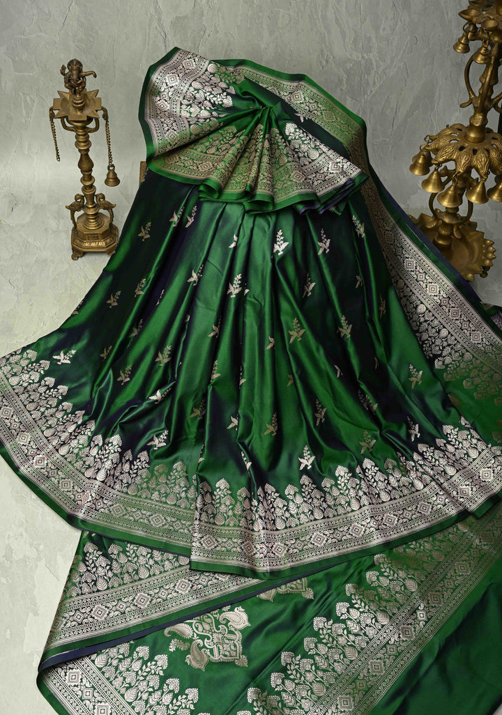 Deep Green Banarasi Semi Mashru Silk Saree with Floral Silver Zari Buttas and Zari Border