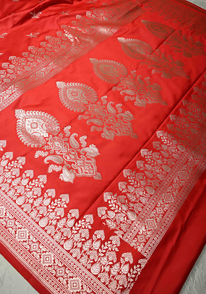 Blood Red Banarasi Semi Mashru Silk Saree with Floral Silver Zari Buttas and Zari Border