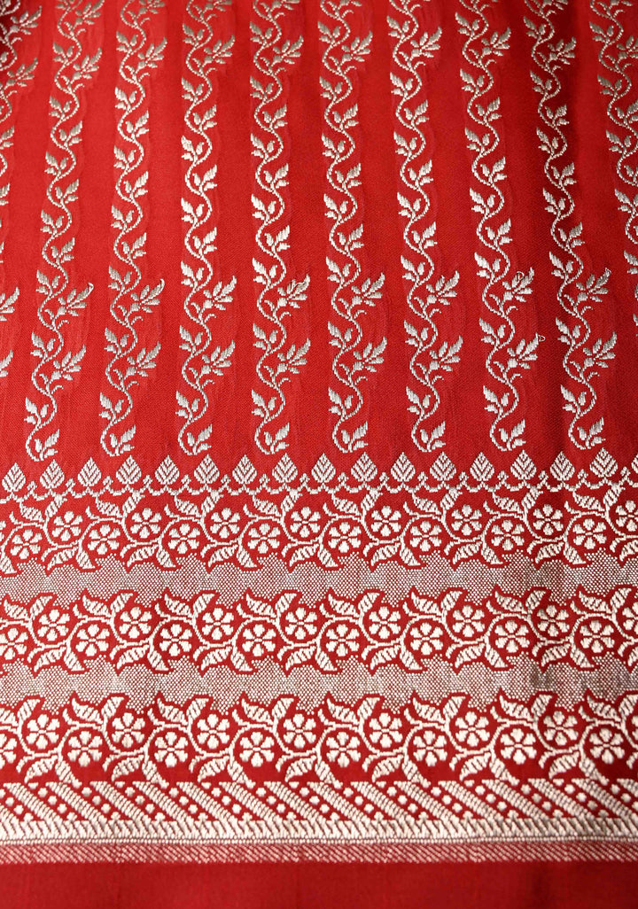 Blood Red Banarasi Semi Mashru Silk Saree with Floral Silver Zari Buttas and Zari Border