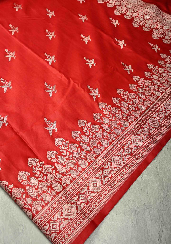 Blood Red Banarasi Semi Mashru Silk Saree with Floral Silver Zari Buttas and Zari Border