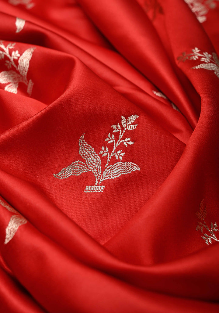Blood Red Banarasi Semi Mashru Silk Saree with Floral Silver Zari Buttas and Zari Border