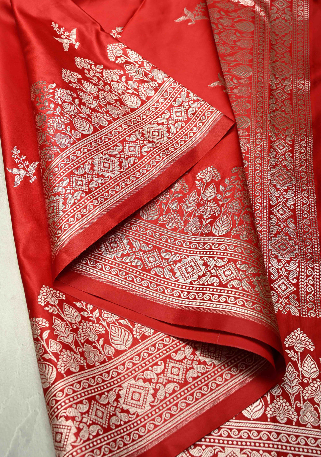 Blood Red Banarasi Semi Mashru Silk Saree with Floral Silver Zari Buttas and Zari Border