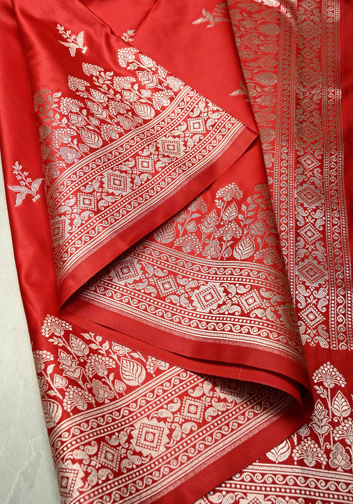 Blood Red Banarasi Semi Mashru Silk Saree with Floral Silver Zari Buttas and Zari Border