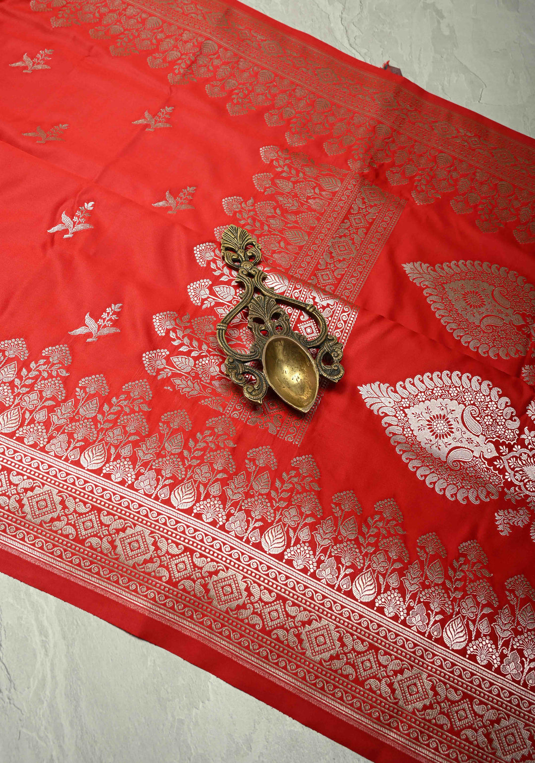 Blood Red Banarasi Semi Mashru Silk Saree with Floral Silver Zari Buttas and Zari Border