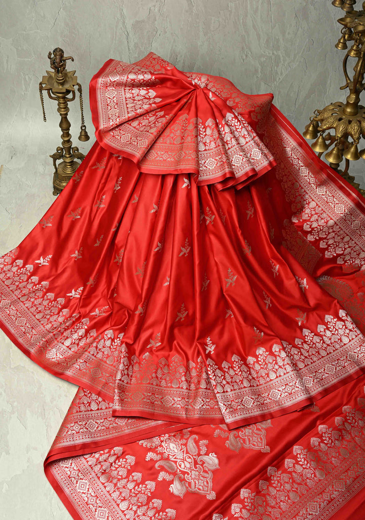 Blood Red Banarasi Semi Mashru Silk Saree with Floral Silver Zari Buttas and Zari Border