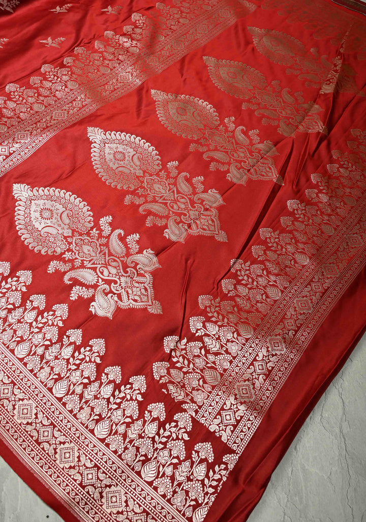 Blood Red Banarasi Semi Mashru Silk Saree with Zari Buttas and Floral Zari Border