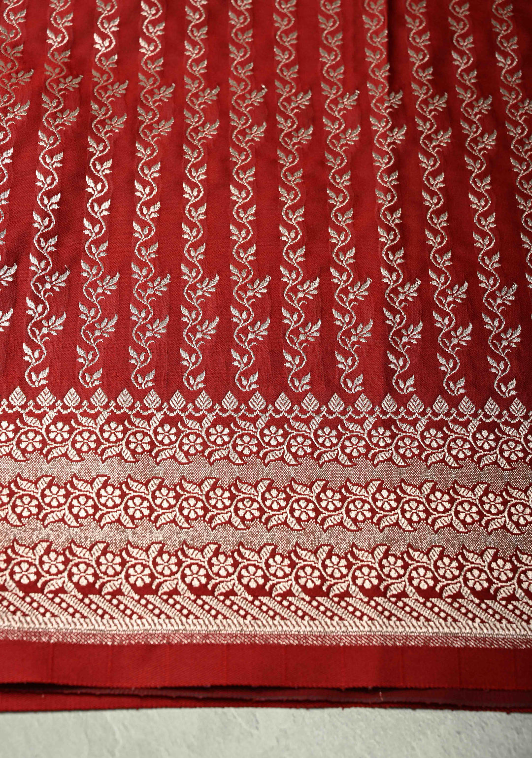 Blood Red Banarasi Semi Mashru Silk Saree with Zari Buttas and Floral Zari Border