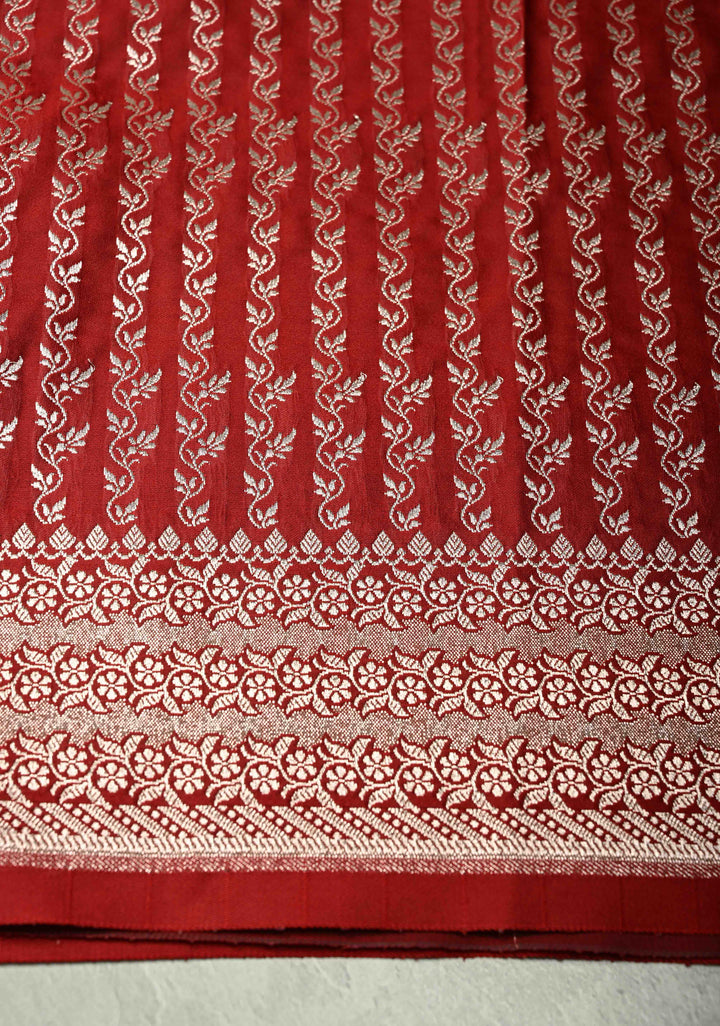 Blood Red Banarasi Semi Mashru Silk Saree with Zari Buttas and Floral Zari Border